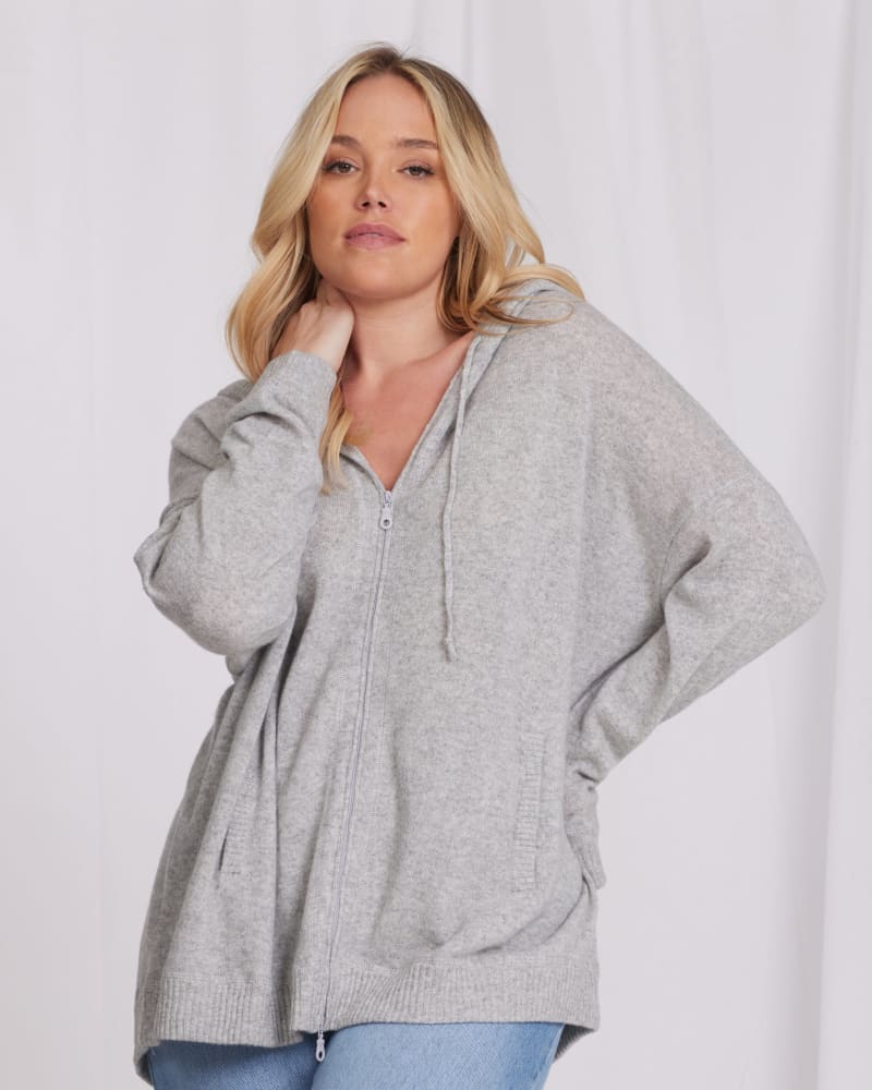 Front of a model wearing a size 3X Cashmere Zip Hoodie in Light Heather Grey by Minnie Rose. | dia_product_style_image_id:324998